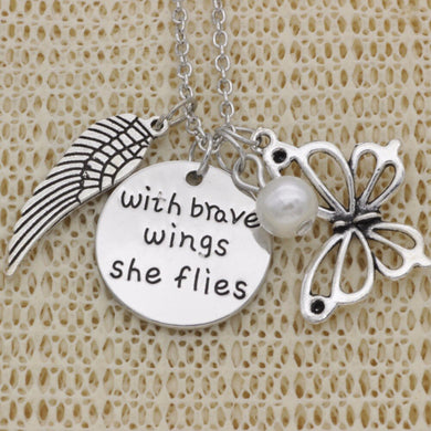 Fashion Inspirational Necklace wing butterfly with brave wings she flies pearl Alloy Necklace Chains Jewerly For Women N2037