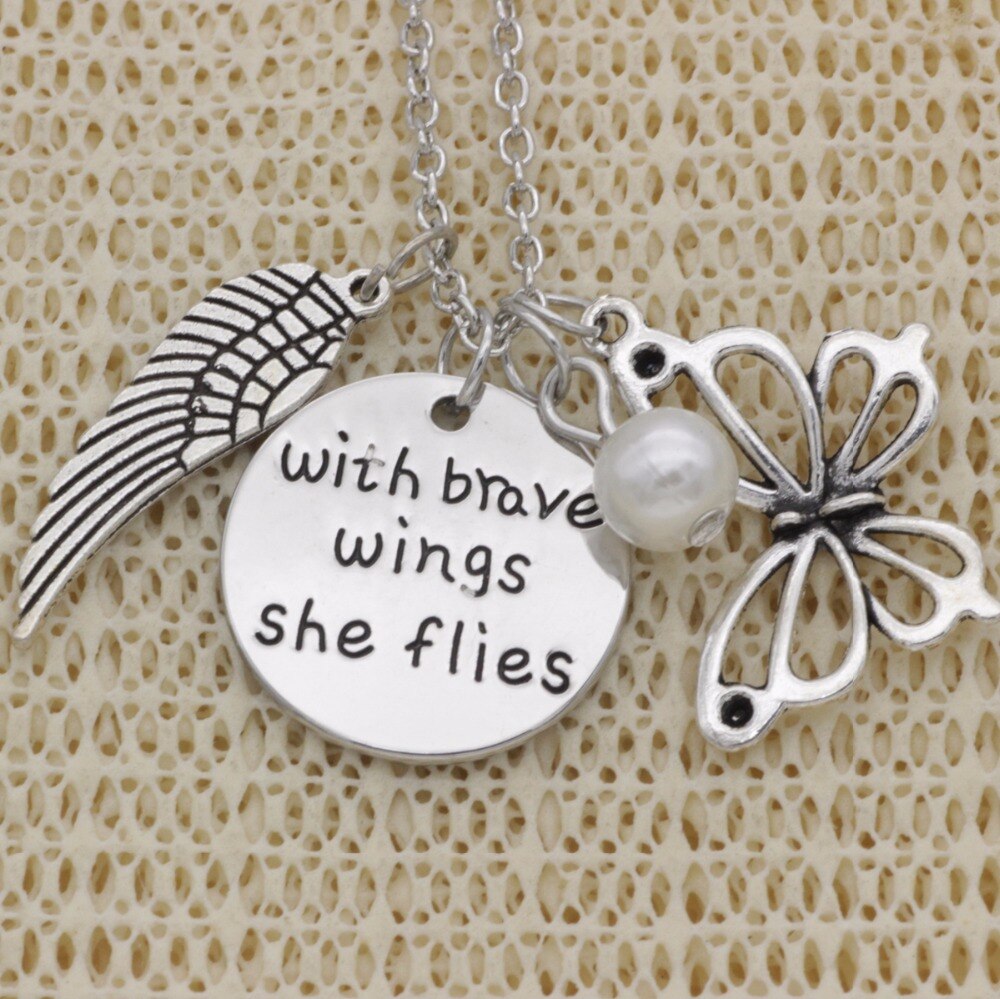 Fashion Inspirational Necklace wing butterfly with brave wings she flies pearl Alloy Necklace Chains Jewerly For Women N2037