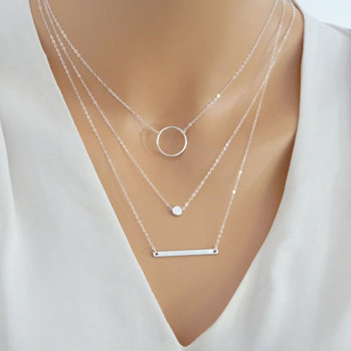 3 Layers Round Pendant Necklace silver circle charm link Chain Choker Necklaces Vintage Jewerly New collares mujer