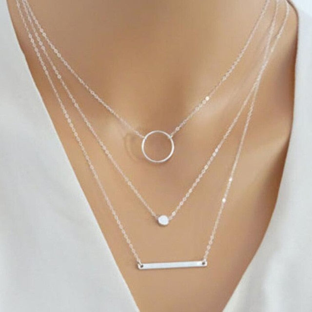 3 Layers Round Pendant Necklace silver circle charm link Chain Choker Necklaces Vintage Jewerly New collares mujer